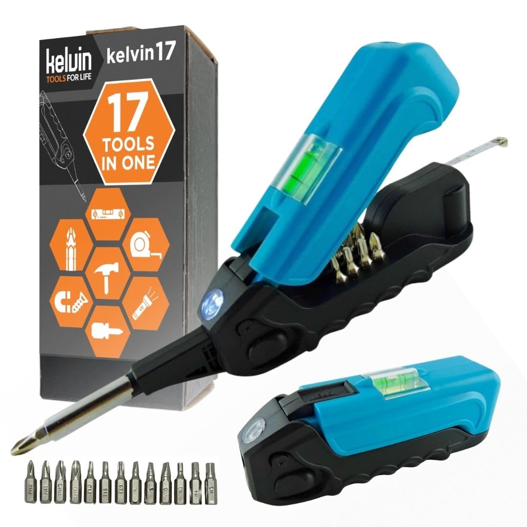 Kelvin 17 Urban Screwdriver Set, All in One Everyday Multitool Screwdriver, Multi-Tip, Compact & Universal Precision, 13 Bit Set with Tape Measure, Liquid Level, Hammer & Flashlight (Blue)