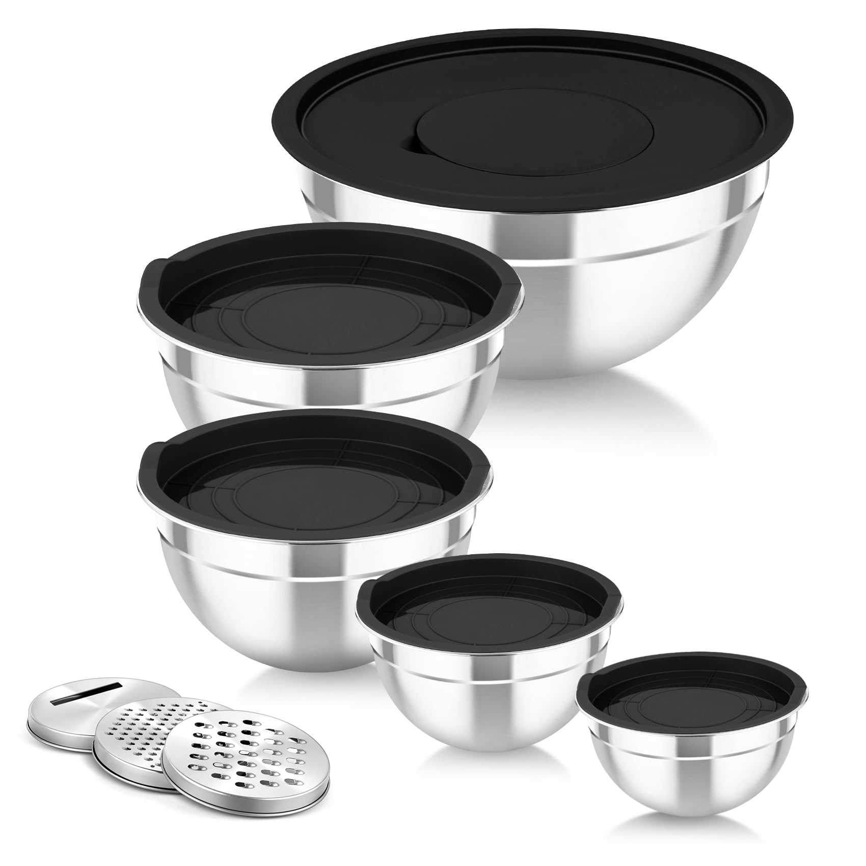 Photo 1 of TeamFar Mixing Bowls with Airtight Lids, 5PCS Stainless Steel Metal Salad Bowl with 3 Grater Attachments, for Cooking, Prepping, Serving, Healthy & Easy Clean - 0.7/1/1.5/2.6/4.6QT, Black