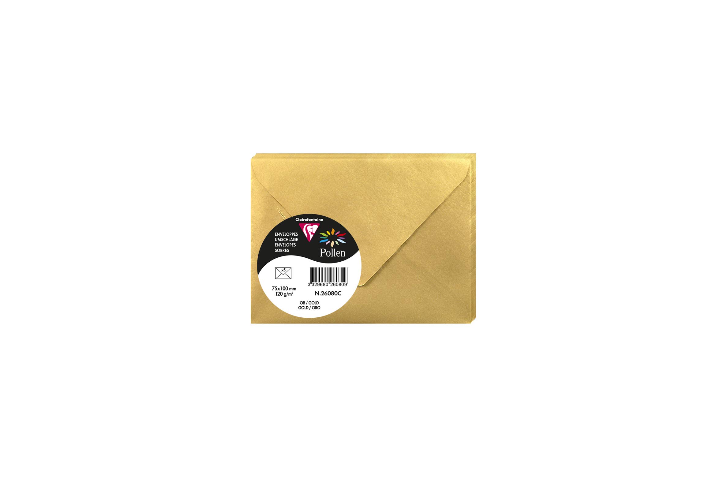 Clairefontaine 26080C Pack of 5 Gummed Envelopes Format 7,5x10cm 120g/m² Gold colour Invitation Events and Correspondence Range Pollen Premium Smooth Paper