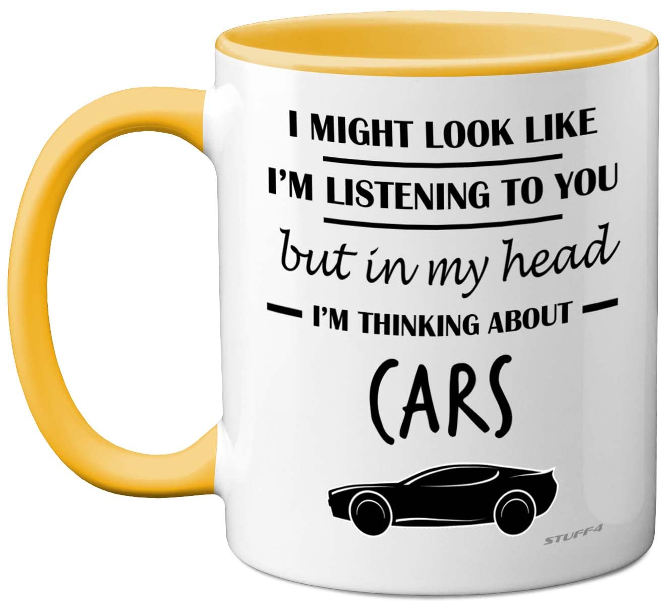 Stuff4 Gifts for Car Enthusiasts - in My Head I'm Thinking About Cars - Funny Classic Mug, Gifts for Lovers, Petrol Head 11oz Ceramic Dishwasher Safe Premium Yellow Handle Mugs