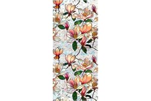 JOONOR Retro Magnolia Flowers Window Privacy Film,Stained Glass Decals Colorful Floral Privacy Rainbow Decals Living Room Sun Blocking Decor Removable Static Cling Stickers,16.93x39.37inch