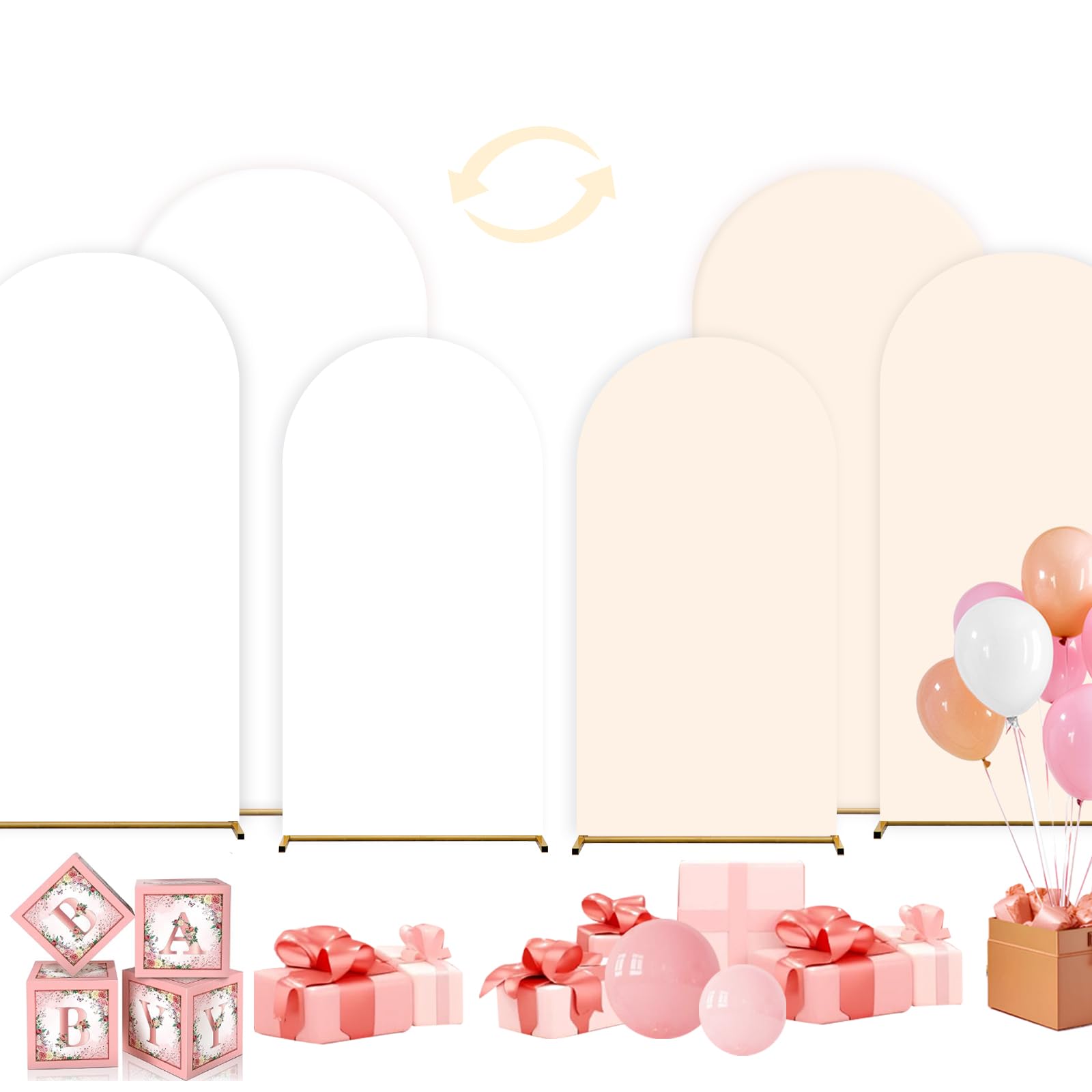 Photo 1 of Wedding Arch Cover,Set of 3 (7.2ft+6.6ft+6ft) Double Color Cover Spandex Fitted Arch Stand for Birthday Party Baby Shower Wedding Stand Decoration (White+Beige)