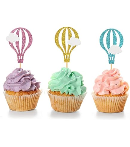 60 PCS Hot Air Balloon Wooden Cake Toppers - Colorful Cupcake Picks For Baby Shower & Birthday Party Decorations