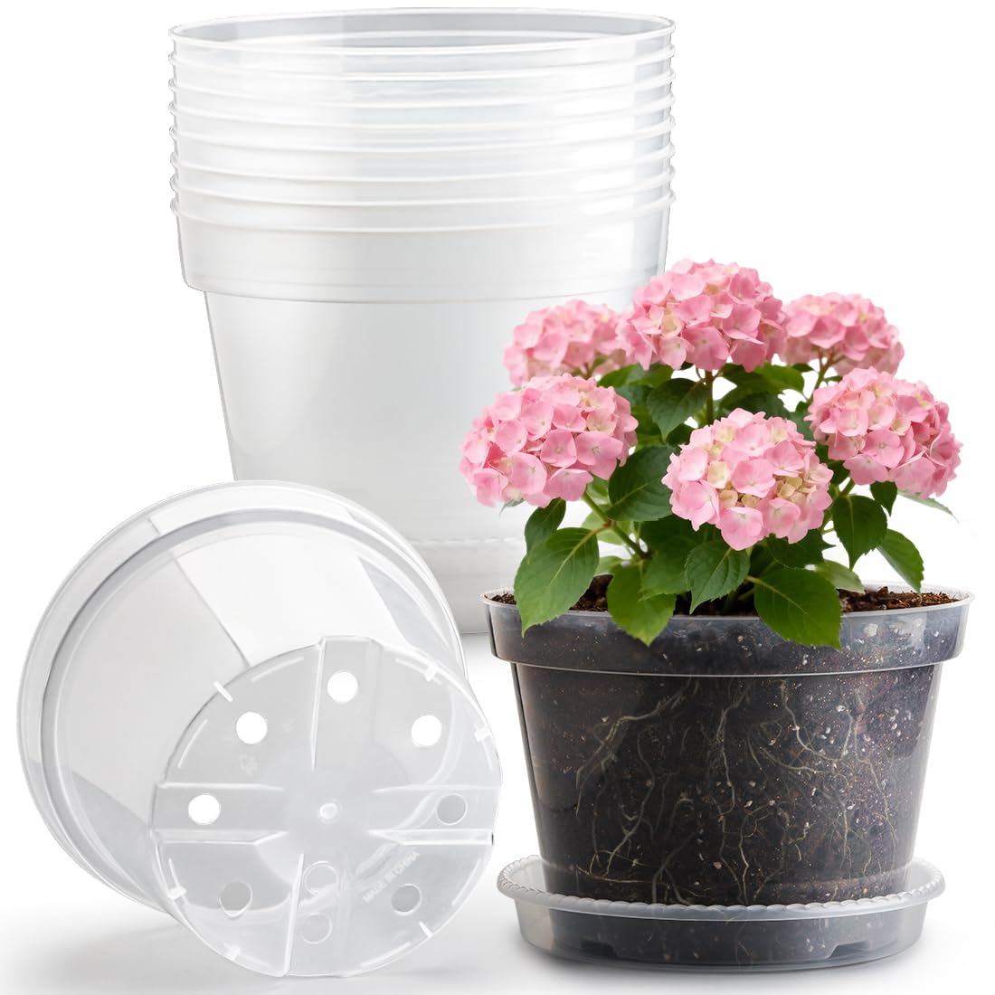 Photo 1 of 10 Pack 10 Inch Clear Nursery Pots with Saucers, Transparent Sturdy Plastic Plant Pots, Large Gardening Pots with Drainage Hole, Planting Starter Pot for Indoor Outdoor Flowers Herbs Vegetables