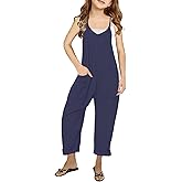 Bnycuml Girl's V Neck Sleeveless Jumpsuits Spaghetti Straps Harem Long Pants Rompers With Pockets (5-14 Years)