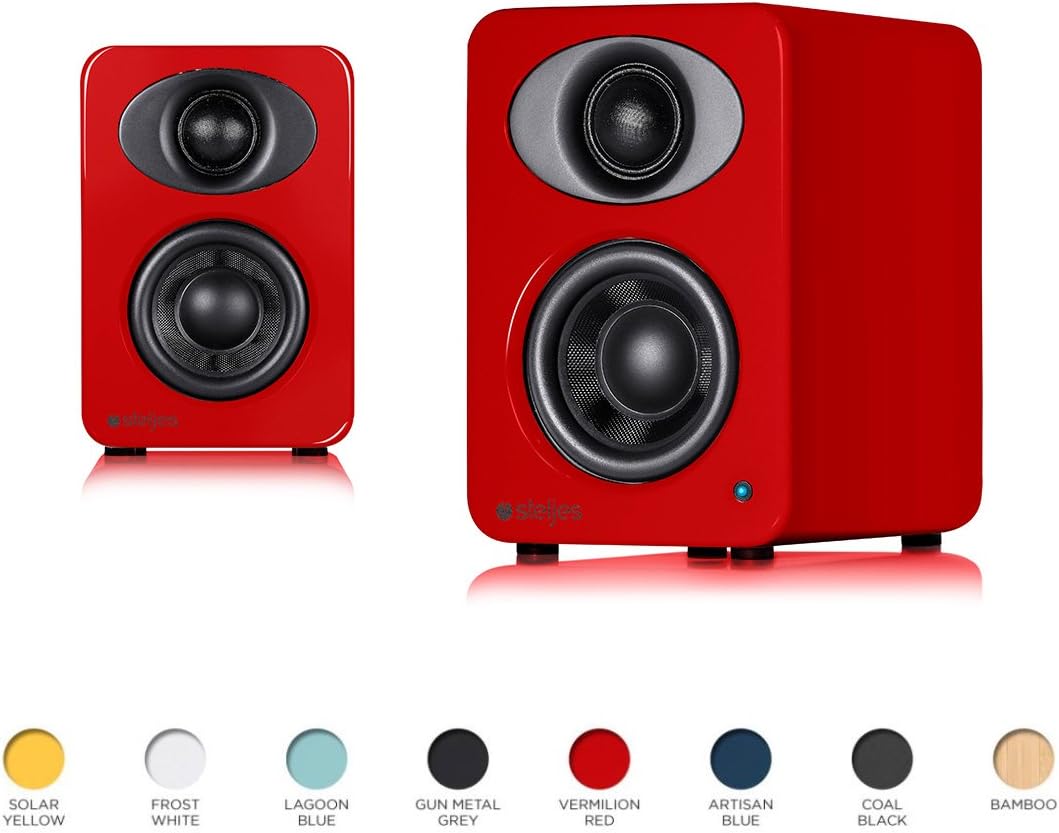 Steljes NS1 Bookshelf Speakers Powered Loud Stereo System British Design Compatible with Smartphone PC Tablet Through Bluetooth Wireless (Vermilion Red) โฆ