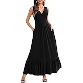 MISSKY Womens Summer Sleeveless Deep V Neck Dress Ruffles Long Maxi Casual Dresses for Women with Pockets