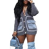 NRTHYE Women's Open Front Knit Sweater Cardigan Denim Pockets Patchwork Button Sweater Jacket