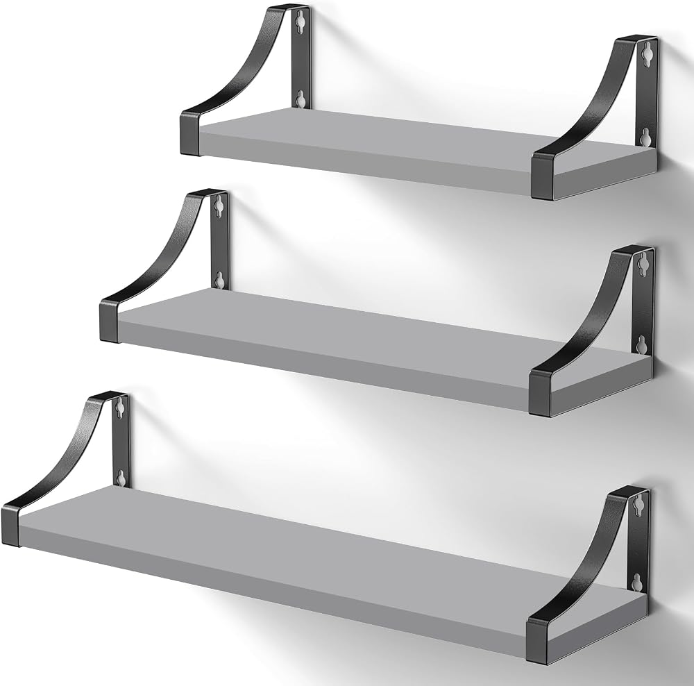Pipishell Floating Shelves Wall Mounted Set of 3 Paulownia Wood Grey
