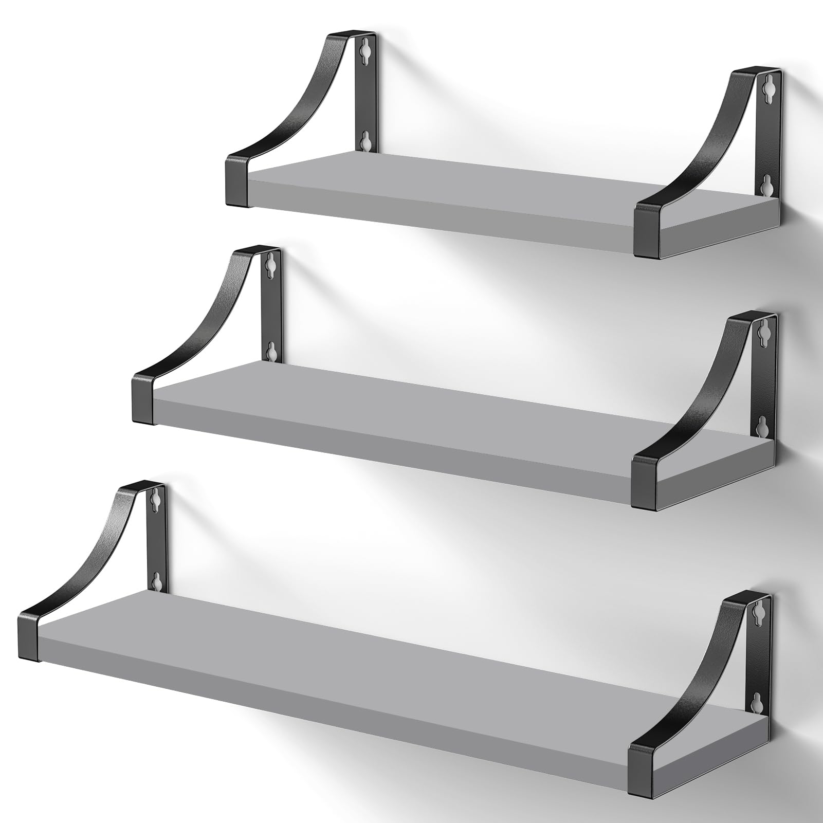 Pipishell Floating Shelves Wall Mounted Shelf, Paulownia Wood Wall Shelves, Wooden Shelves Set of 3 for Bedroom, Bathroom, Living Room, Kitchen, Home Office, Laundry room,etc (Grey)