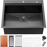 25 Inch Black kitchen Sink Drop in - 25"x22" Topmount Ledge Workstation Kitchen Sinks 16 Gauge Handmade Stainless Steel Single Bowl Sink with All Accessories for Kitchen Laundry Utility