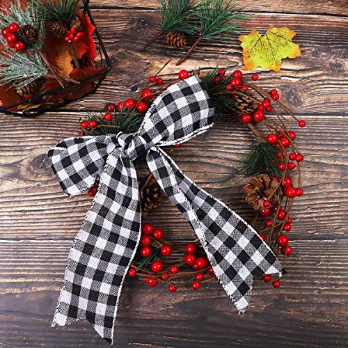 WAVEYU Buffalo Check Plaid Wired Ribbon Gingham Ribbon 2" Wide 236'' Length for Christmas Tree,Wreath Bows,Festive Farmhouse Decoration,Gift Wrapping Crafts,Floral Arrangement,Black and White