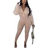 DINGANG Fall Outfits for Women's Sexy One Piece Jumpsuits Lantern Long Sleeve Bodycon Ribbed Romper
