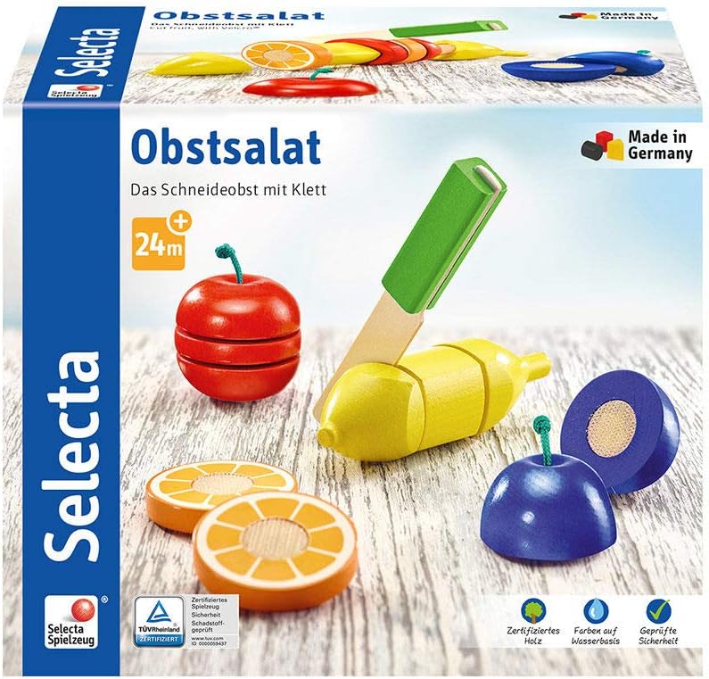 Selecta 62070 Fruit Salad Hook and Loop Wooden Cutting Toy 11 Piece Kitchen Toy Set, Multi-coloured, Small