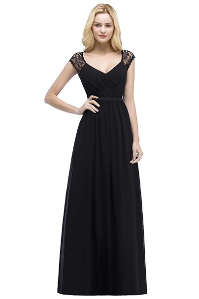 Babyonlinedress Damen Elegant Lace-Schulter V-Ausschnitt Lang Abendkleid Chiffonkleid Gr.32-46