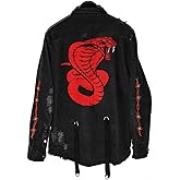 ebossy Men's Skull/Cobra Print Hipster Hip-Hop Distressed Frayed Denim Jean Jacket