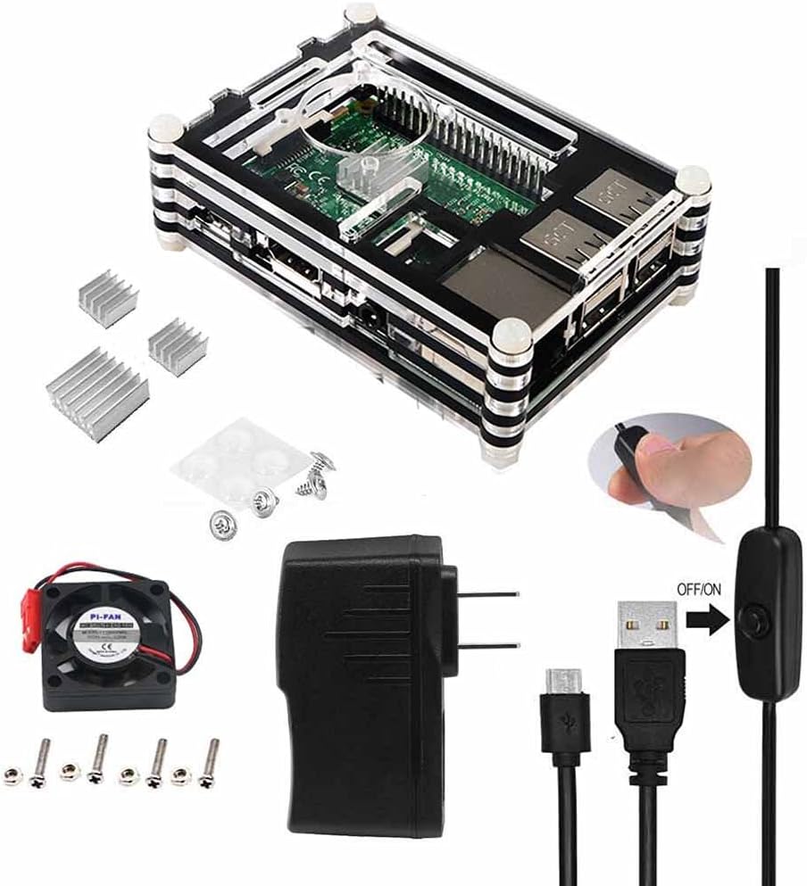 Smraza Raspberry Pi 4 Case, Acrylic Case with Cooling Blink Fan, 4PCS Heatsinks, 5V 3A Type-C Power Supply, Built in Fan with LED, Compatible with Raspberry Pi 4 Model B (Black and Clear)