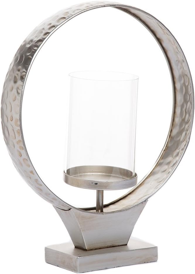 Foreside Home & Garden Small Hammered Metal Round Ring Pillar Candle Holder, Silver