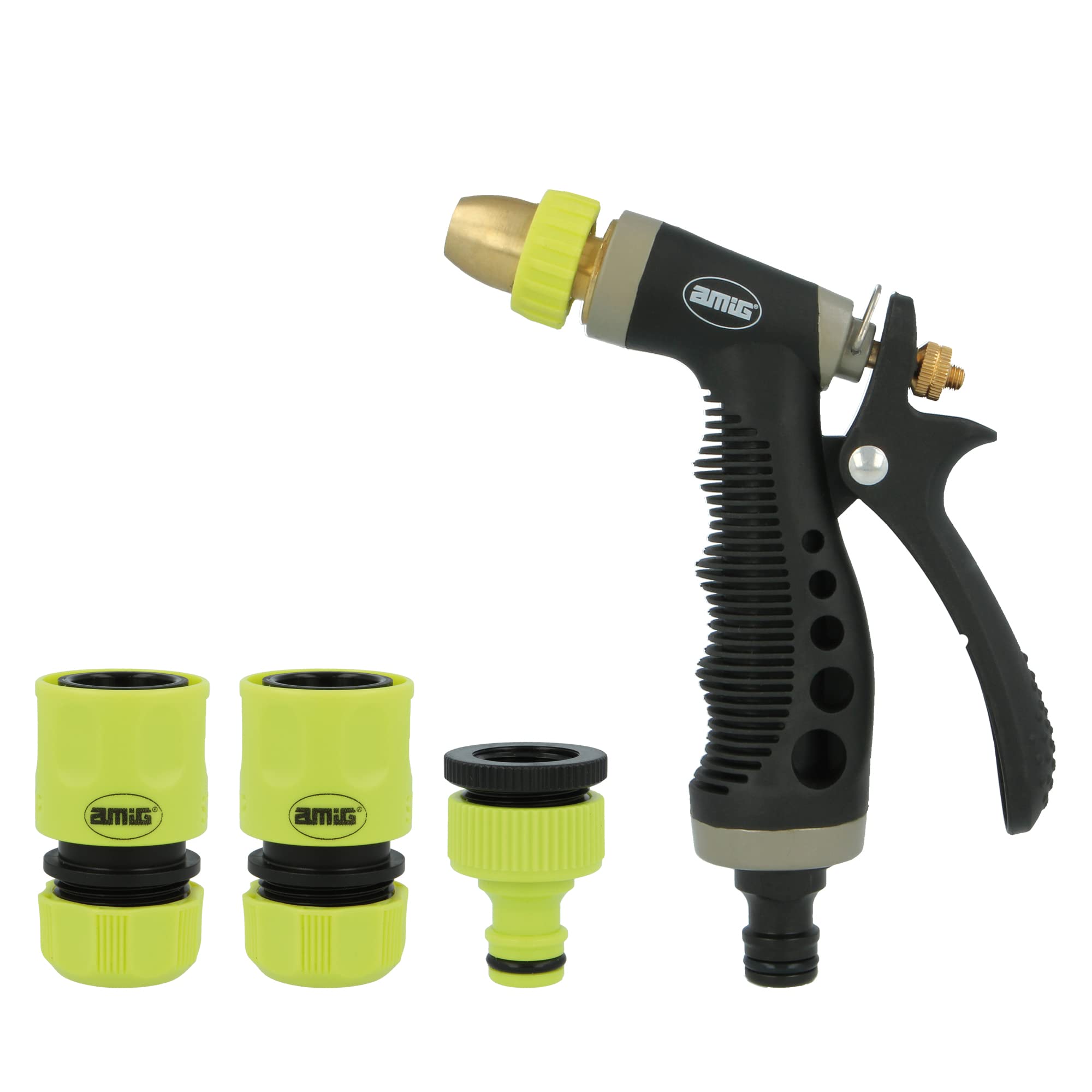 Amig - Irrigation Kit | 4 Components | 1 Adjustable Flow Irrigation Gun, 1 Adapter with Reducer and 2 1/2" and 3/4" Quick Fittings with Stop Function | Pistachio Green and Black