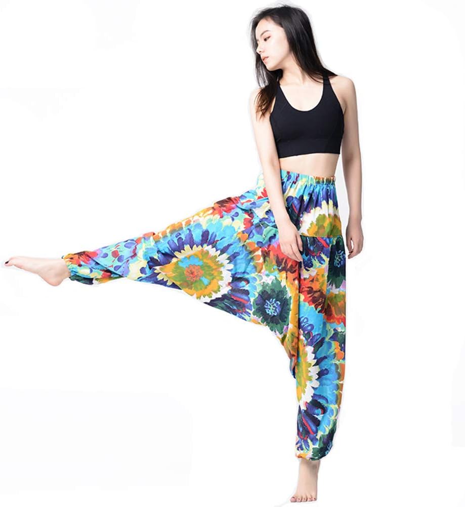 JWTX Women's Floral Printed Ruched Elastic Waistband Harem Trousers Pants with Pocket