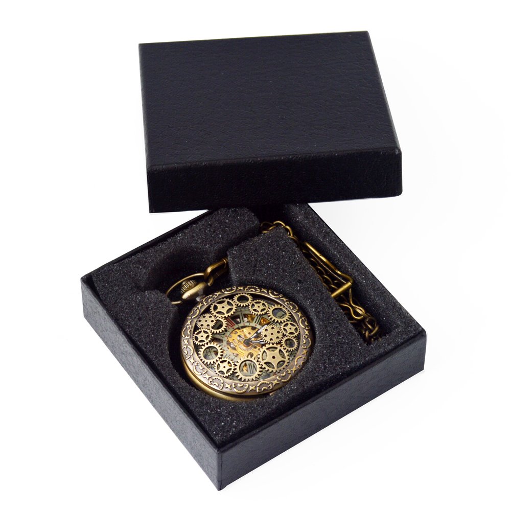 BOSHIYA Vintage Mechanical Pocket Watches for Men Luminous Steampunk Pocket Watch with Chain Black Skeleton Dial Roman Numberals Pocketwatch Gifts for Fathers Day