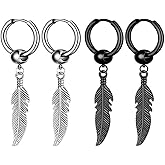 Kawailay 2 Pairs Feather Huggie Hoop Earrings Gothic Feather Earrings Studs Punk Rock Hip Hop Dangle Drop Earrings for Men Women - Silver and Black Style 1