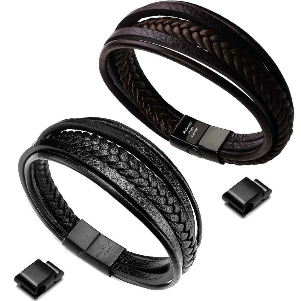 murtoo Mens Leather Bracelet with Clasp Cowhide Multi-Layer Braided Leather Mens Bracelet, 8.5", Leather