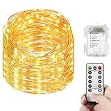 Fairy Lights Fairy String Lights Battery Operated Waterproof 8 Modes 66 LED 16.4ft String Lights Copper Wire Firefly Lights Remote Control for DIY Wedding Party Dinner (Warm White)