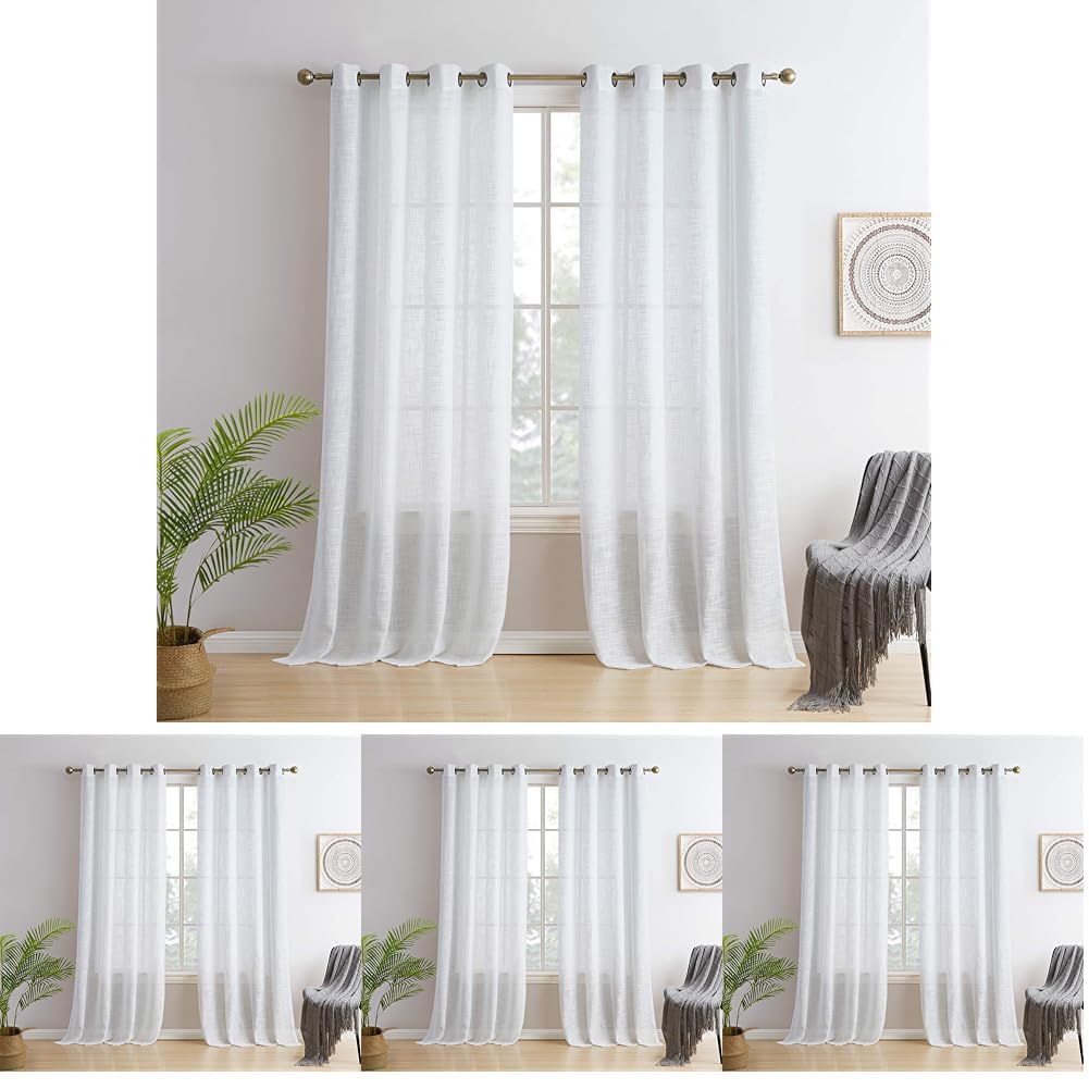 HLC.ME Madison Faux Linen Textured Semi Sheer Privacy Sun Light Filtering Transparent Window Grommet Long Thick Curtains Drapery Panels for Bedroom & Living Room, 2 Panels (54 W x 96 L, White) Image
