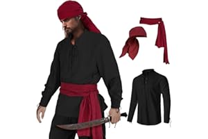HSDOU Mens Pirate 3 Pcs Costume Set Renaissance Pirate Shirt Medieval Costume Viking