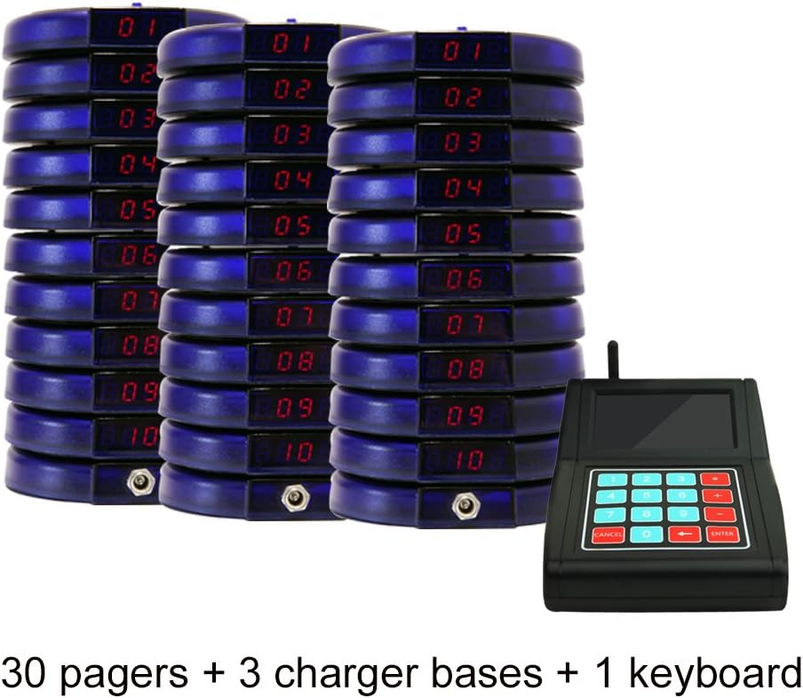 CATEL Restaurant Pager System with 30 Pagers 1 Charger and 1 Keypad Call Button Extensible Wireless Calling System for 4S Shop Cafe Shop Restaurant Church