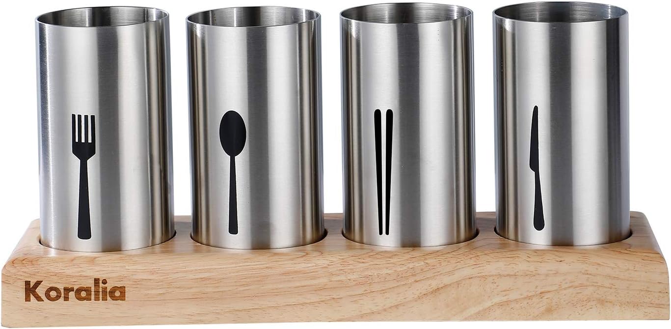 Koralia Home Stainless Steel Flatware & Silverware 3PC 4PC Organizer Caddy Cutlery Holder with Wood Base for Spoons, Forks, Knives – Ideal for Kitchen, Dining, and Much More (4PC)
