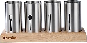 Koralia Home Stainless Steel Flatware & Silverware 3PC 4PC Organizer Caddy Cutlery Holder with Wood Base for Spoons, Forks, Knives – Ideal for Kitchen, Dining, and Much More (4PC)