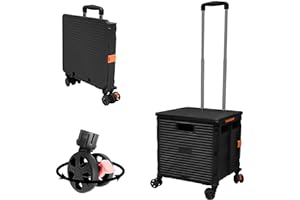 FELICON SELORSS Foldable Utility Cart Folding Portable Rolling Crate Handcart with Durable Heavy Duty Plastic Telescoping Handle Collapsible 4 Rotate Wheels for Travel Shop Move Luggage Office(Black)