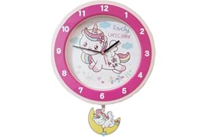SYOYUEX Rainbow Cute Unicorn Pendulum Clock ，Silent 12 Inch Children's Clocks，Décor at School,Bedroom,Kitchen,Classroom,Good Gift，Learning time，Clear Digital Wall Clock for Kids Room