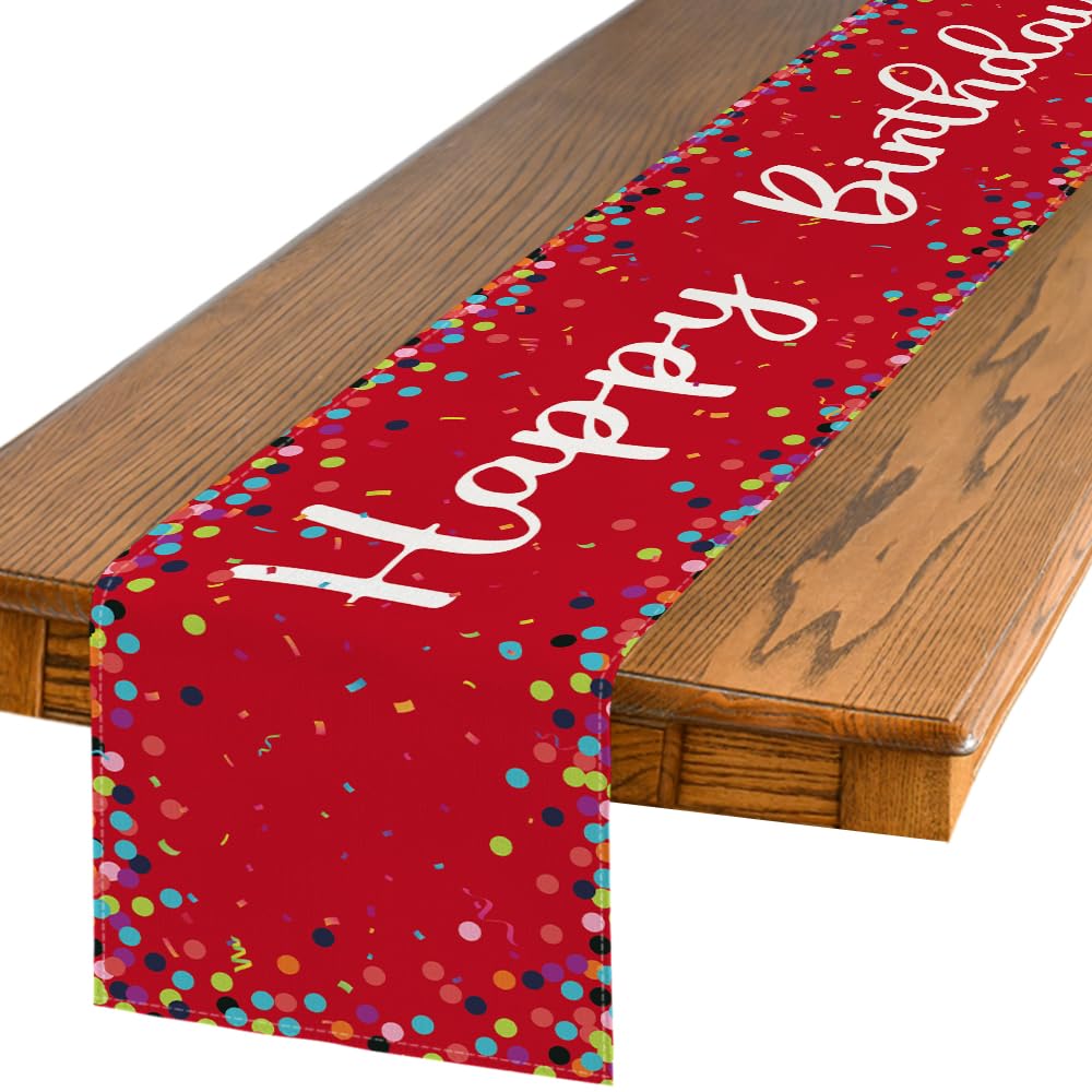 Photo 1 of Artoid Mode Polka Dot Red Happy Birthday Table Runner, Seasonal Christmas Winter Kitchen Dining Table Decoration for Home Party Decor 13x72 Inch
