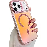 SAKUULO Magnetic Case for iPhone 17 Pro Max Compatible with Magsafe, Bling Laser Iridescent Florescent Crystal Sparkly Luxury Shockproof Protective Cover for Women Men, Pink