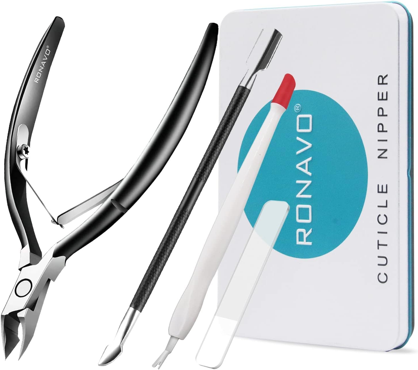 RONAVO Cuticle Trimmer Set - Includes Cuticle Nippers, Cuticle Pusher, Glass Nail File, Cuticle Cutter.Professional Cuticle Remove Kit Stainless Steel Extremely Sharp Cutter Pedicure Manicure Tool