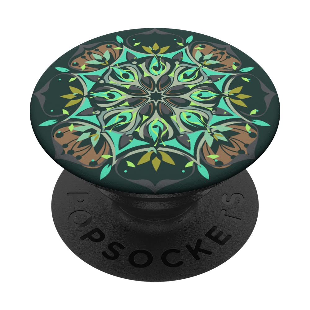 Blue Floral Geometric Abstract Art Mandala Dark background PopSockets Swappable PopGrip