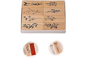 Priaora Lot de 8 tampons en caoutchouc montés sur bois, motif plantes et fleurs, pour loisirs créatifs, agenda, scrapbooking,