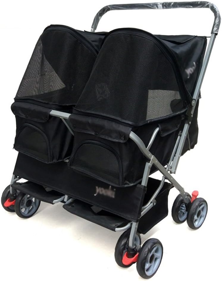 NAUY- Double Seat Pet Stroller Double Sleeping Nest Bed Car Lightweight Folding Removable and Washable Trolley Cats Dogs Widen Care Go Out Pet Cart (color : BLACK)