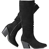Putu Women's Pointed Toe Knee High Boots Faux Suede Stacked Chunky Heel Boots Side Zipper Slouchy High Boots