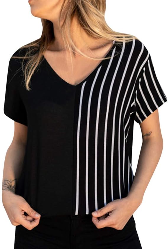 Yuzhang レディーストップス 半袖 Vネック 切り替え ストライプ タンクトップ ブラウス カジュアル 黒 L シャツ ブラウス 通販 Amazon