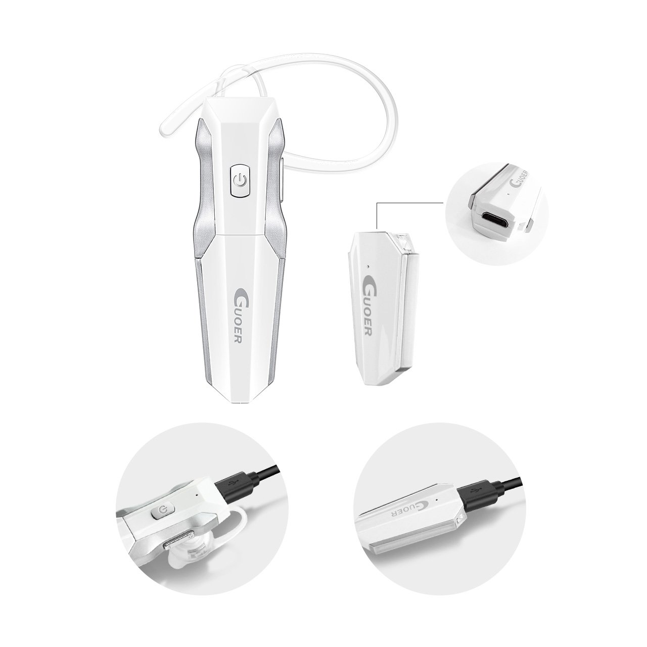 GUOER Bluetooth Headset with Backup Battery Noise Cancellation Wireless Bluetooth Earpiece With Microphone Driving Handsfree Earbuds(White/Silver)