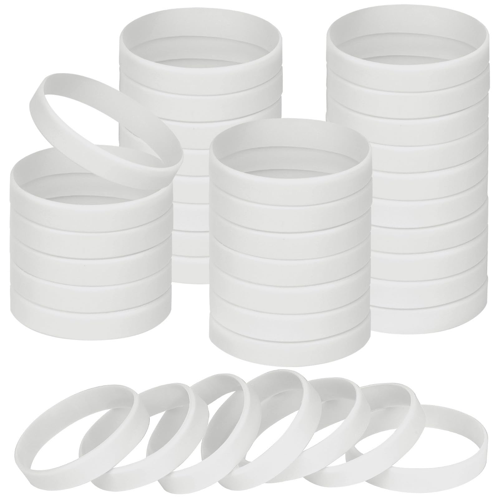 NAHRMY 8 inch Silicone Wristbands Blank White Rubber Bracelets for Adult, 60 pcs Sports Party Silicone Elastic Wristband Bulk Bracelet Bands for Events School Teacher Supplies