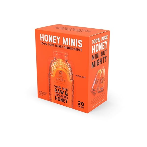 NATE’S HONEY MINIS – SINGLE-SERVE 100% PURE, RAW & UNFILTERED HONEY – 0.49OZ PACKETS, 20CT BOX