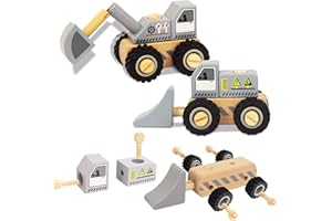 WoodenEdu Construction Vehicles for Toddlers, 2 Pcs Wooden Detachable Assemble Bulldozer and Excavator, Kids Vehicle Toys Hand Push Car Toys for 3 Years Old Boys Girls