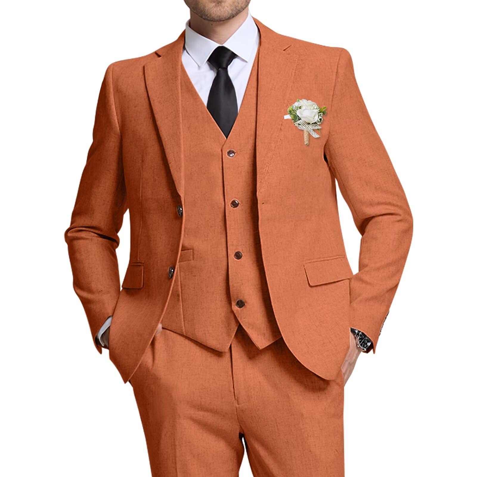 High-End Suits Retro Orange Linen Men Suit Casual