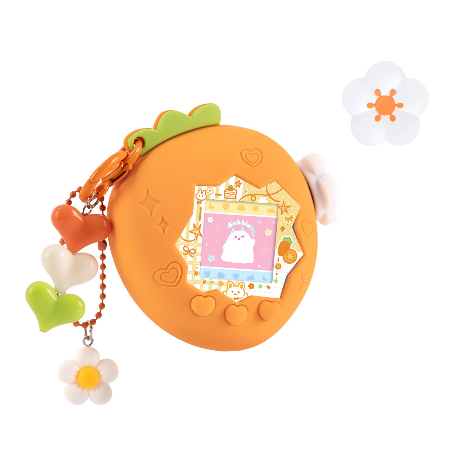 BUBBLELOGUS Strawberry Bubble Protective Case for Tamagotchi Paradise, Soft TPU Silicone Cover with Holographic Faceplate, Flower Shaped Zoom Dial Cap & Charms Set, Anti-Scratch & Waterproof (Orange)