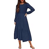 MITILLY Girls Boho Midi Dress Puff Long Sleeve Crew Neck High Waist Smocked Tiered Casual Long Dress with Pockets